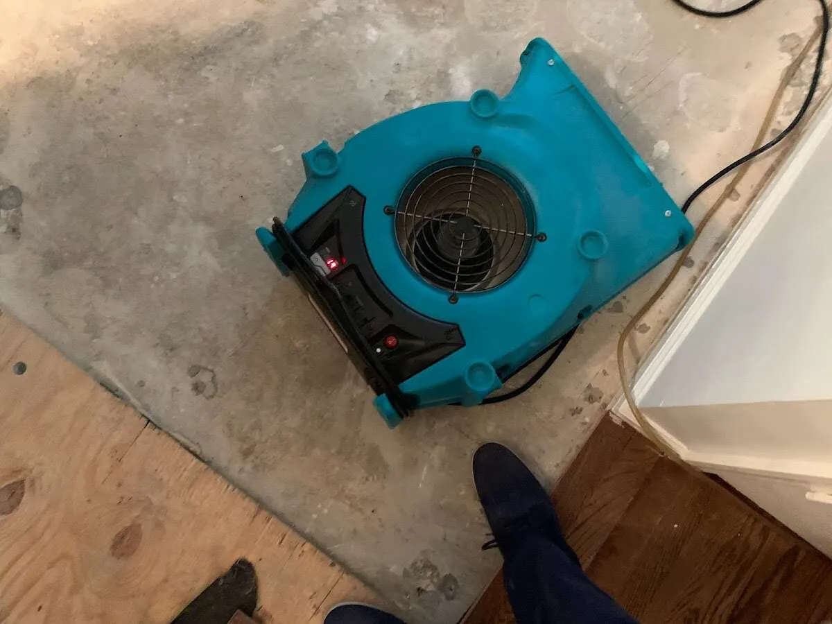 Air mover drying subfloor during Leak Detection & Repair in Black Diamond